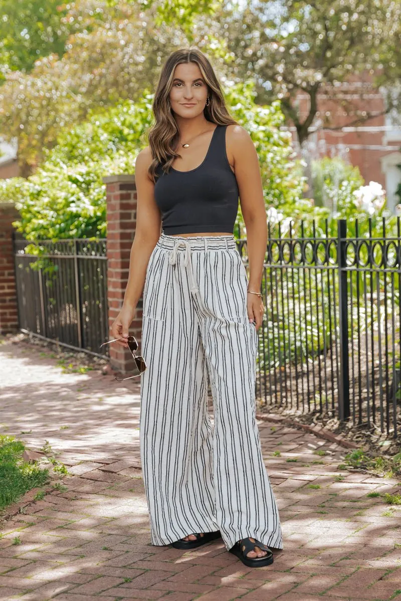 Cream Striped Linen Wide Leg Pants - FINAL SALE