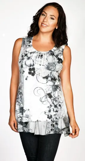 Creation - Black & White Flowers, Ruffled Hem Floral Print Tunic Top