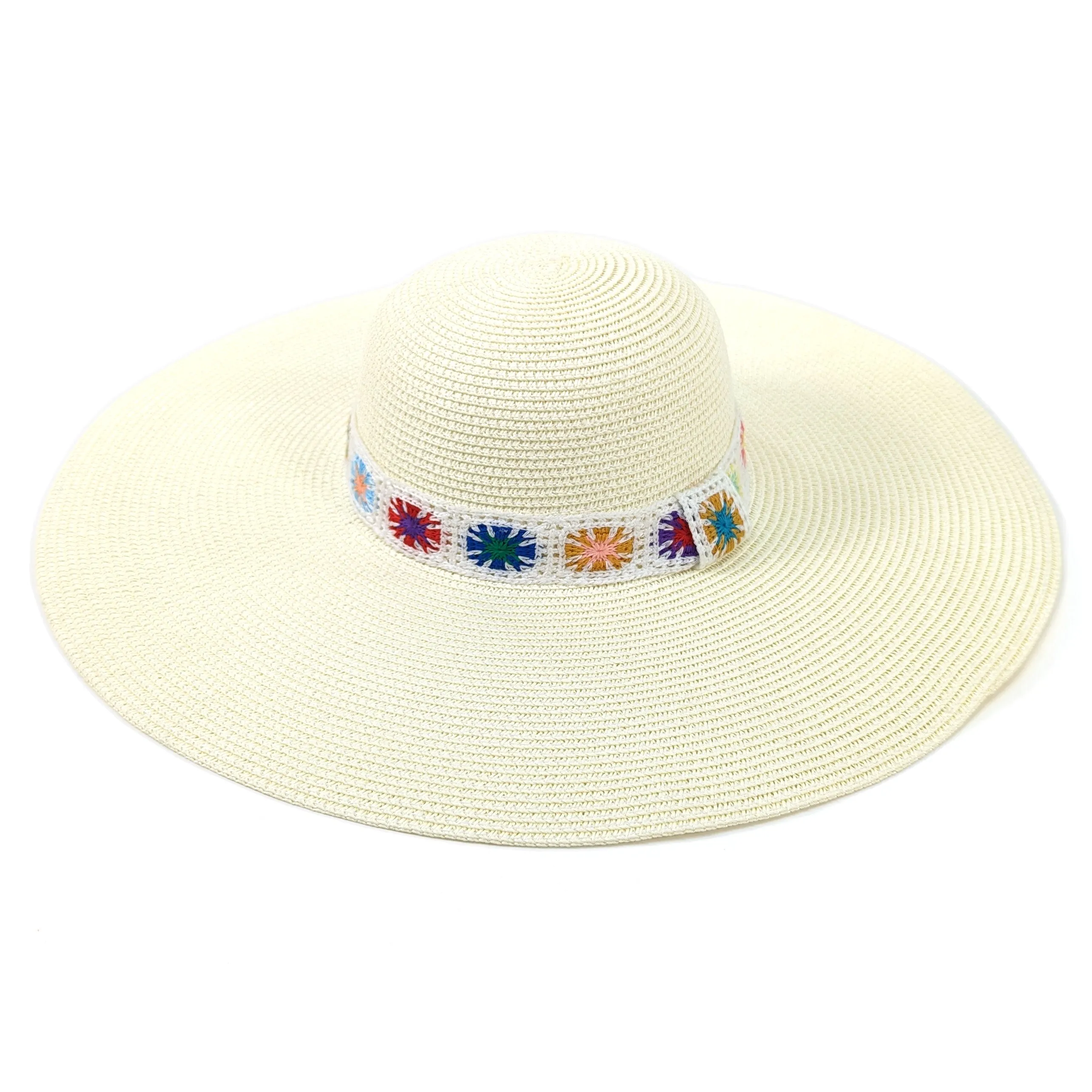 Crochet Band Wide Brim Foldable Hat - White