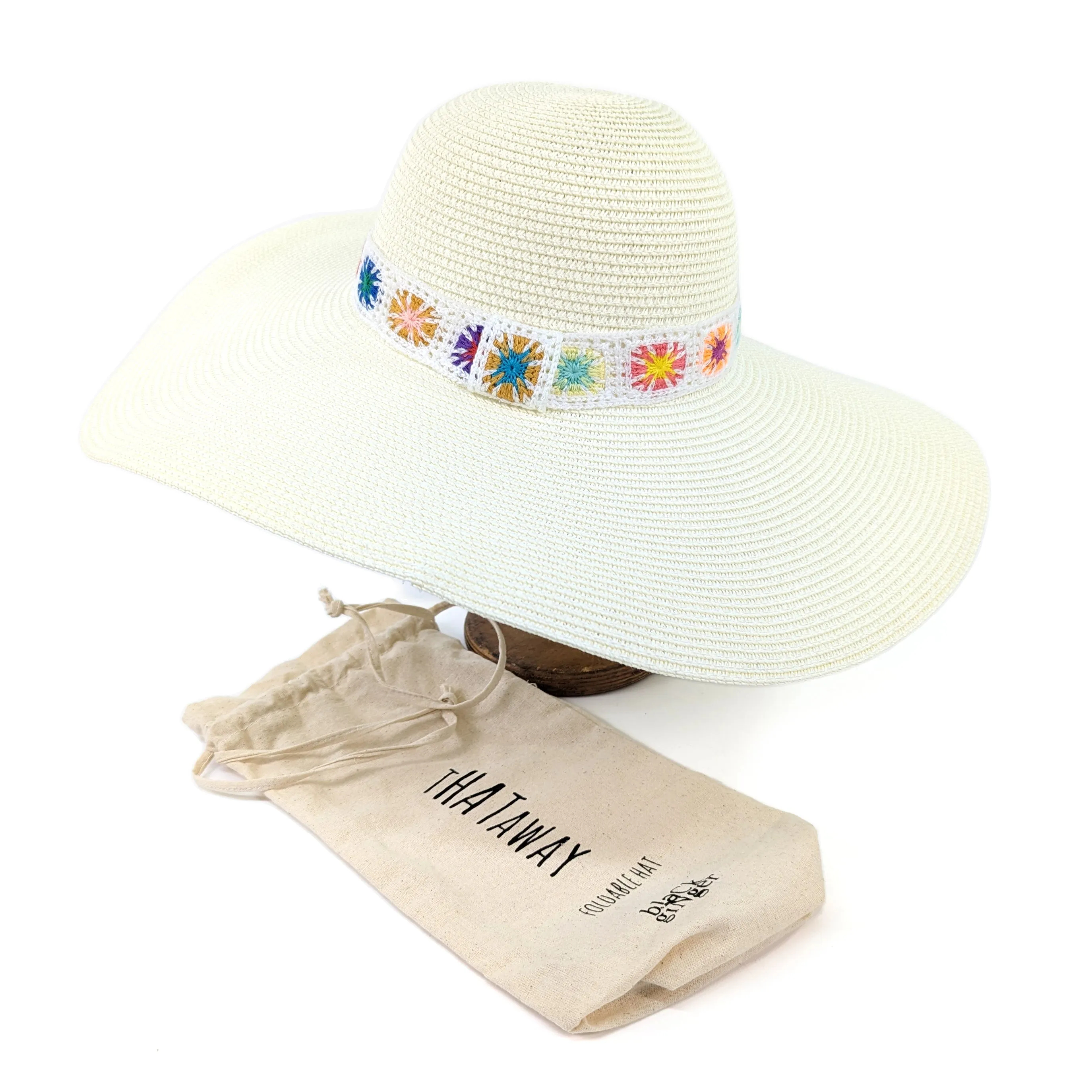 Crochet Band Wide Brim Foldable Hat - White