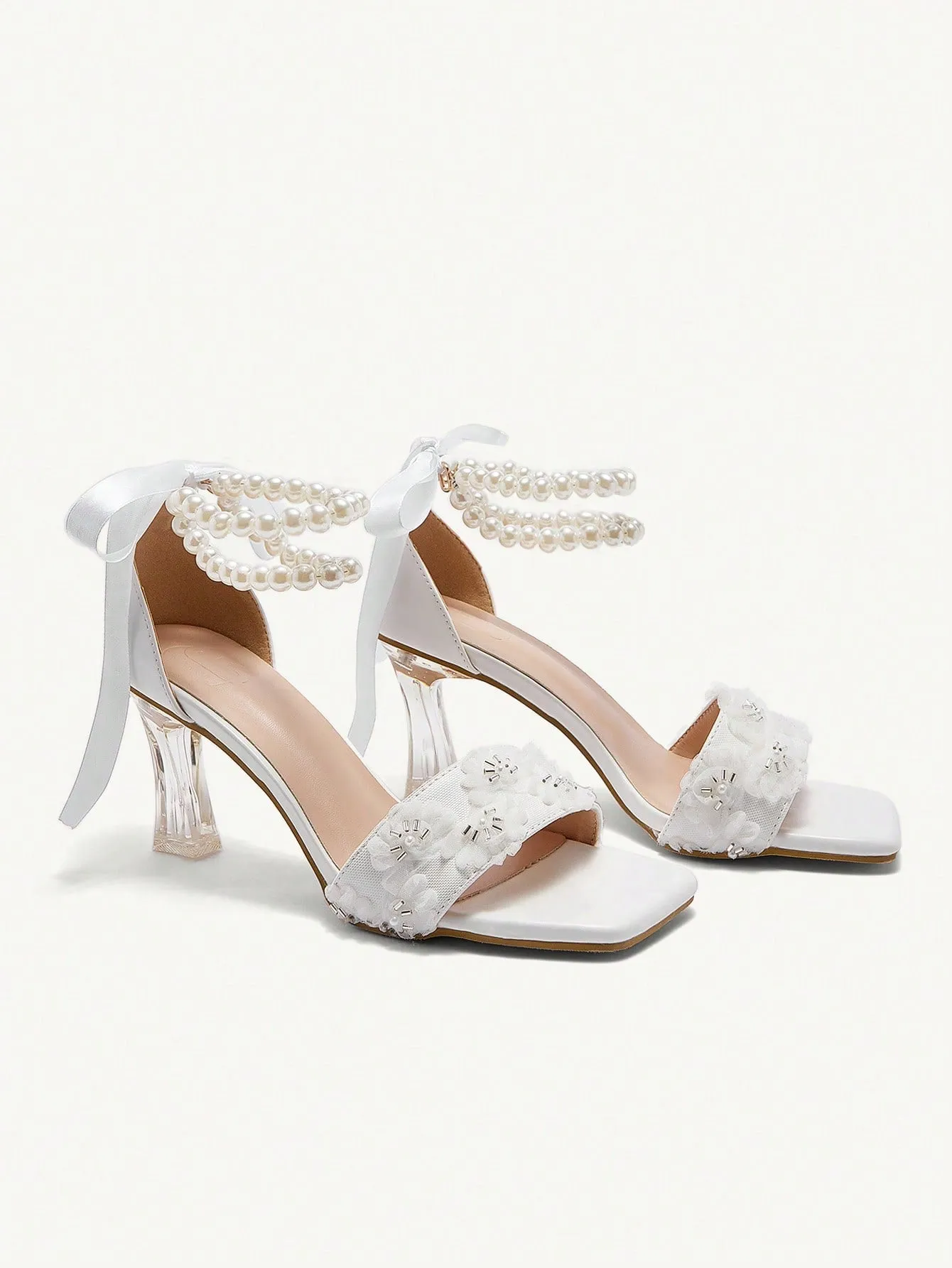 CUCCOO CHICEST Women's High Heel Transparent Block Sandals With Beaded Flower And Pearl Chain Detail