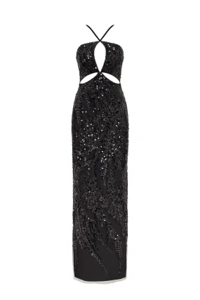 Cut-out halterneck black maxi covered in sequins, Smoky Quartz