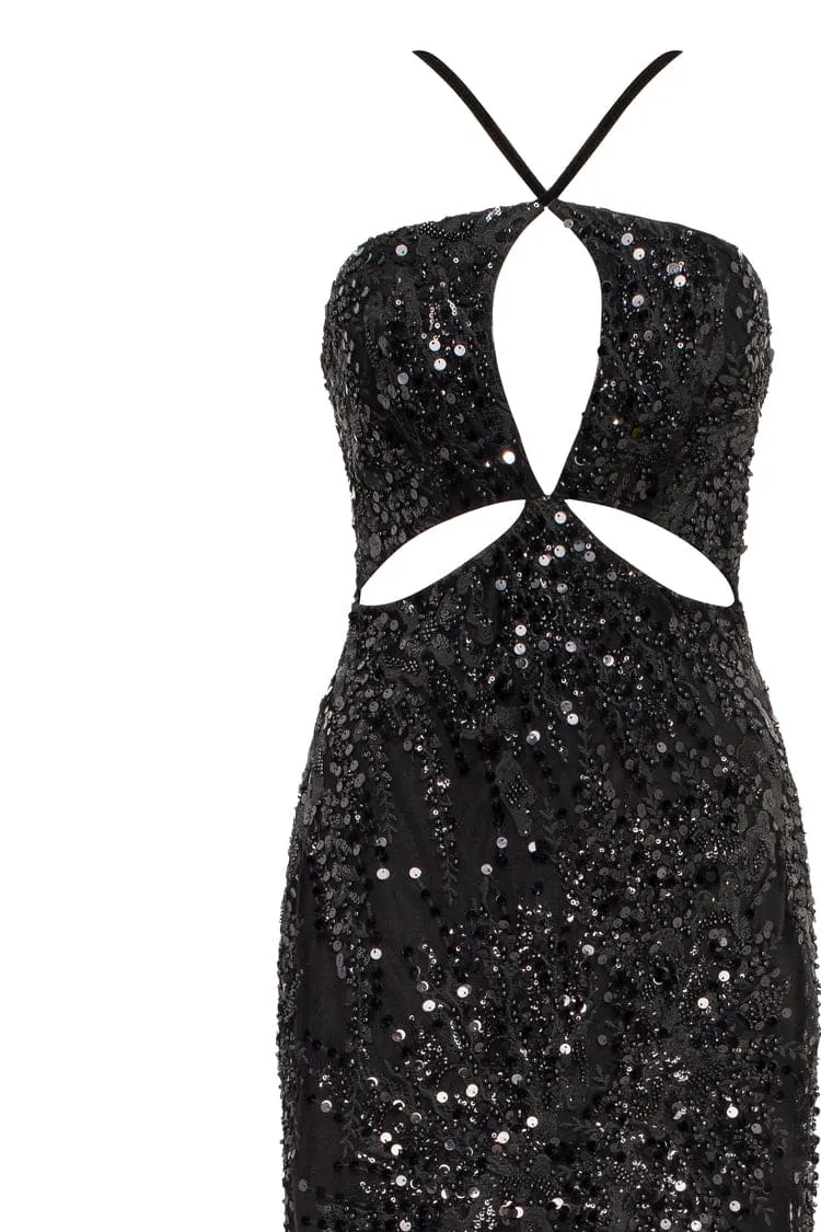 Cut-out halterneck black maxi covered in sequins, Smoky Quartz