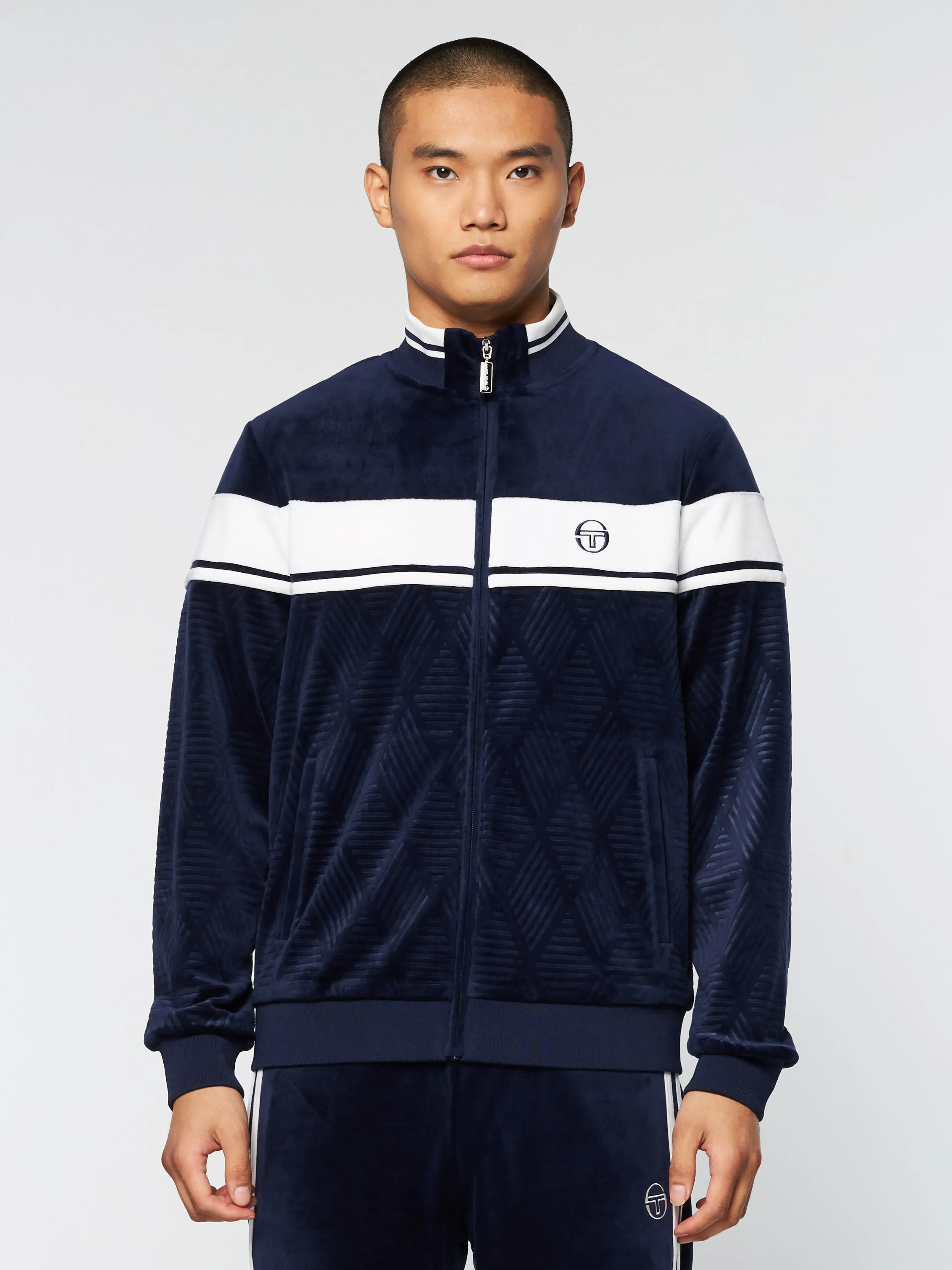 Debossed Damarindo Velour Track Jacket- Maritime Blue