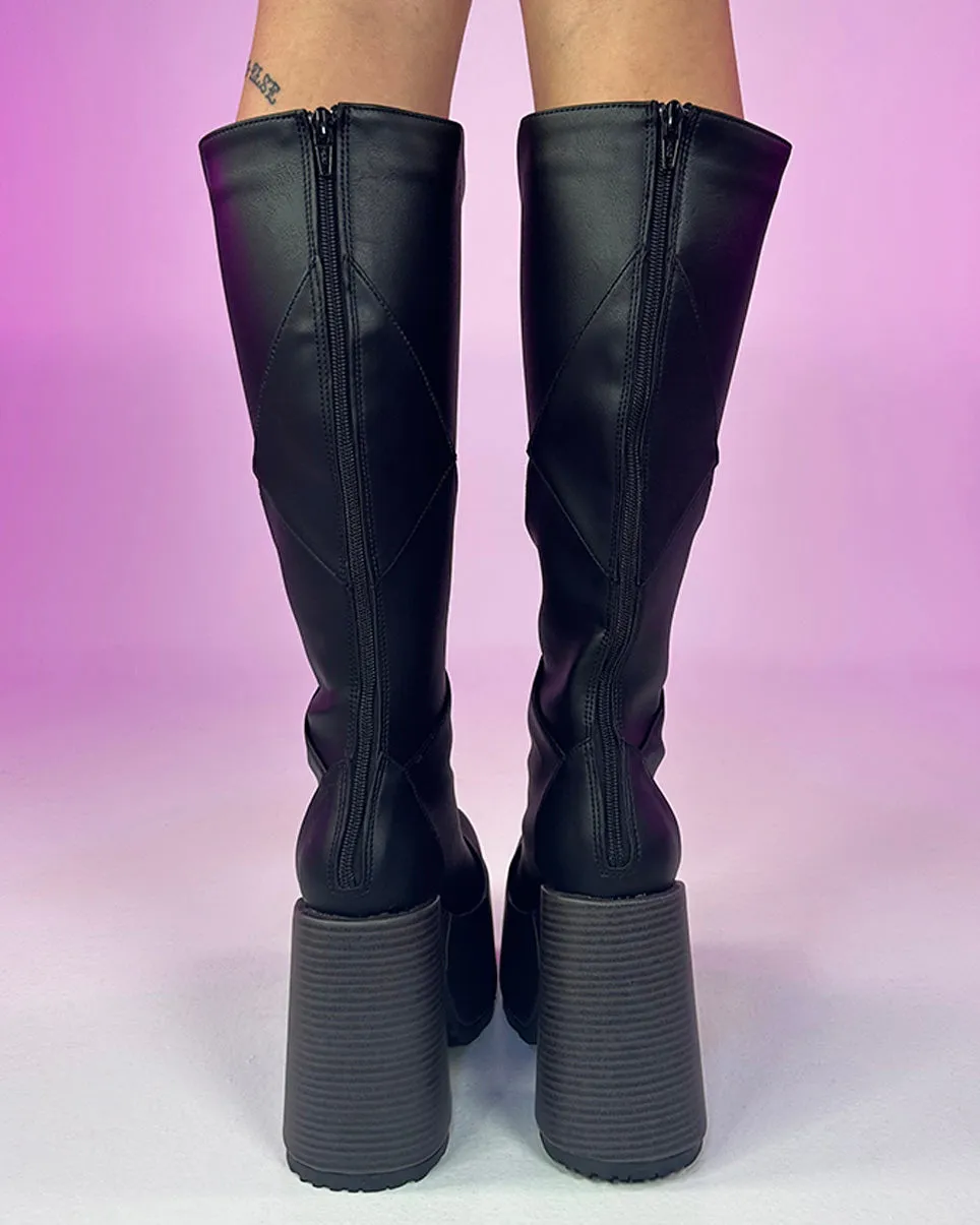 Demonia Patchwork Knee High Boots