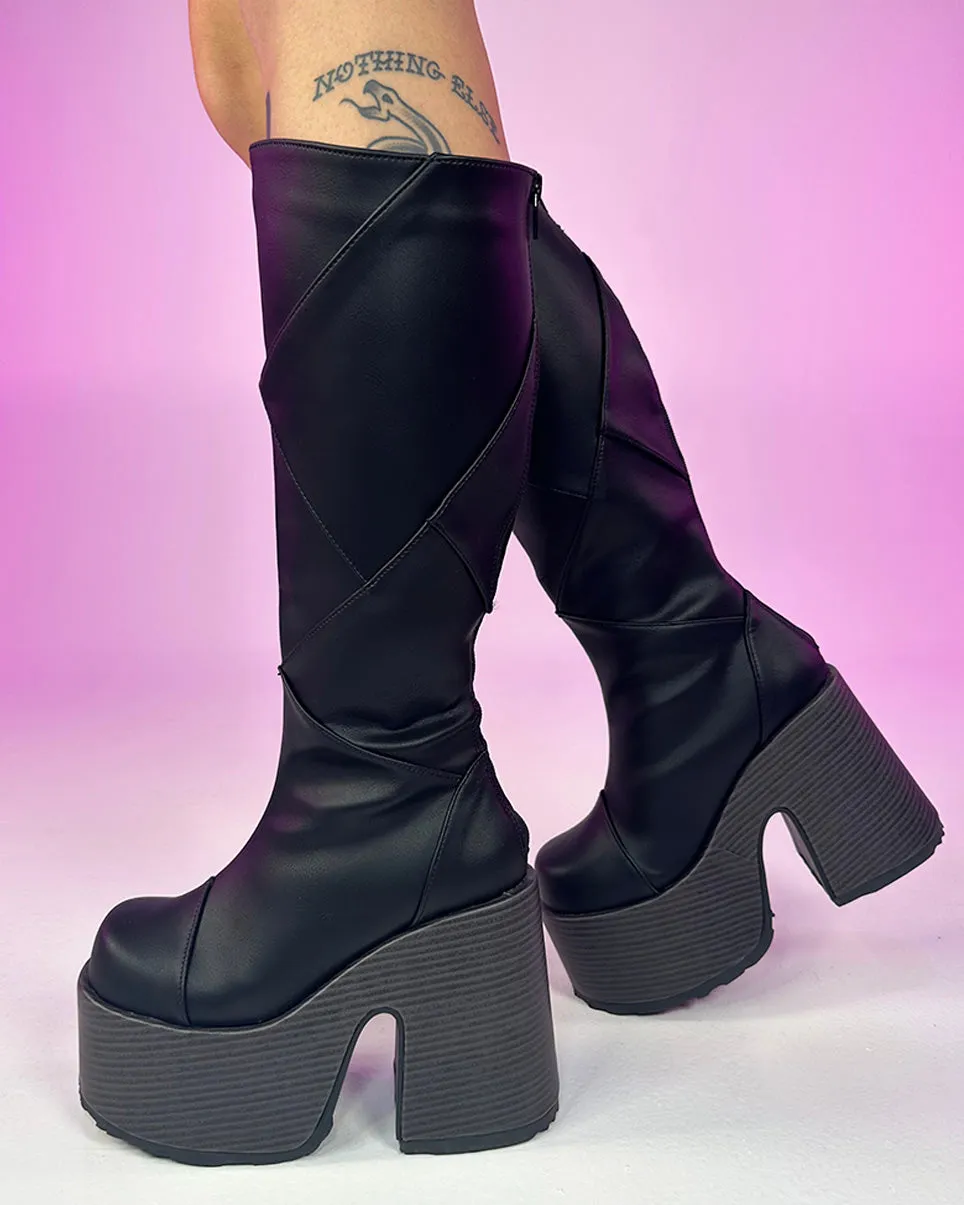 Demonia Patchwork Knee High Boots