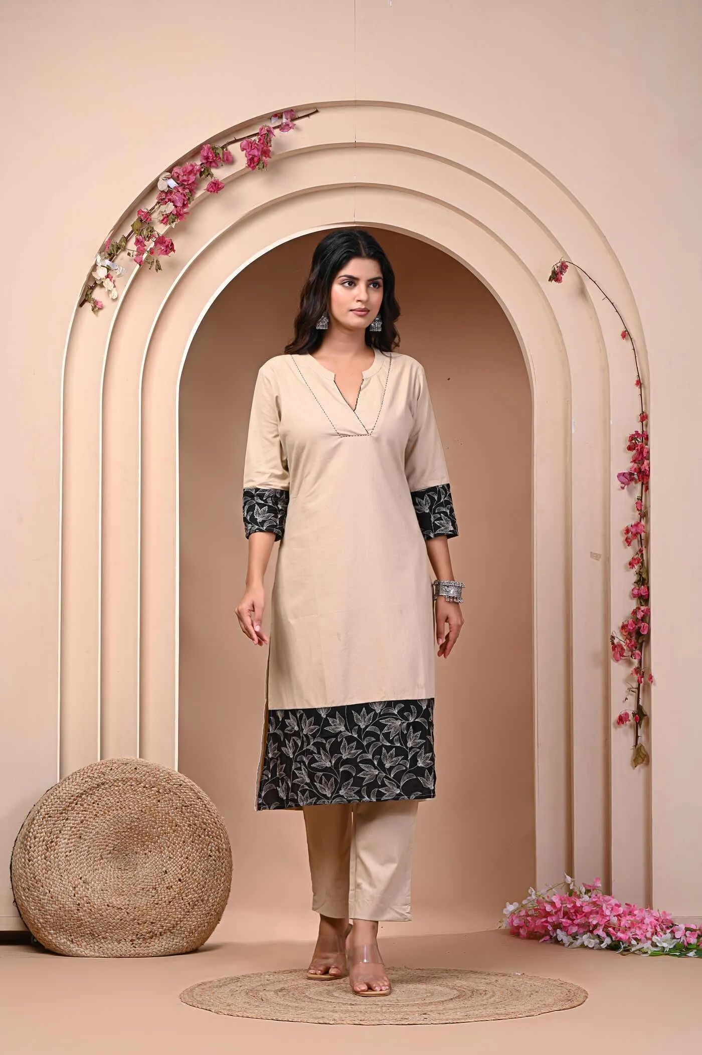 Elegant Beige and Navy Blue Printed Kurti with Pant