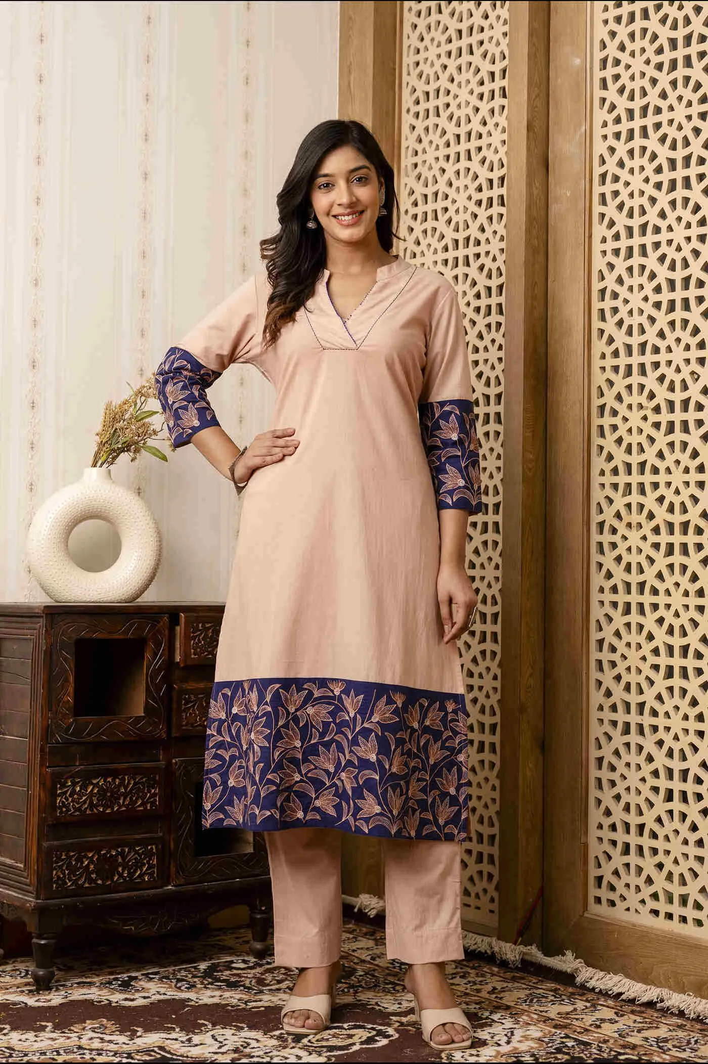 Elegant Beige and Navy Blue Printed Kurti with Pant