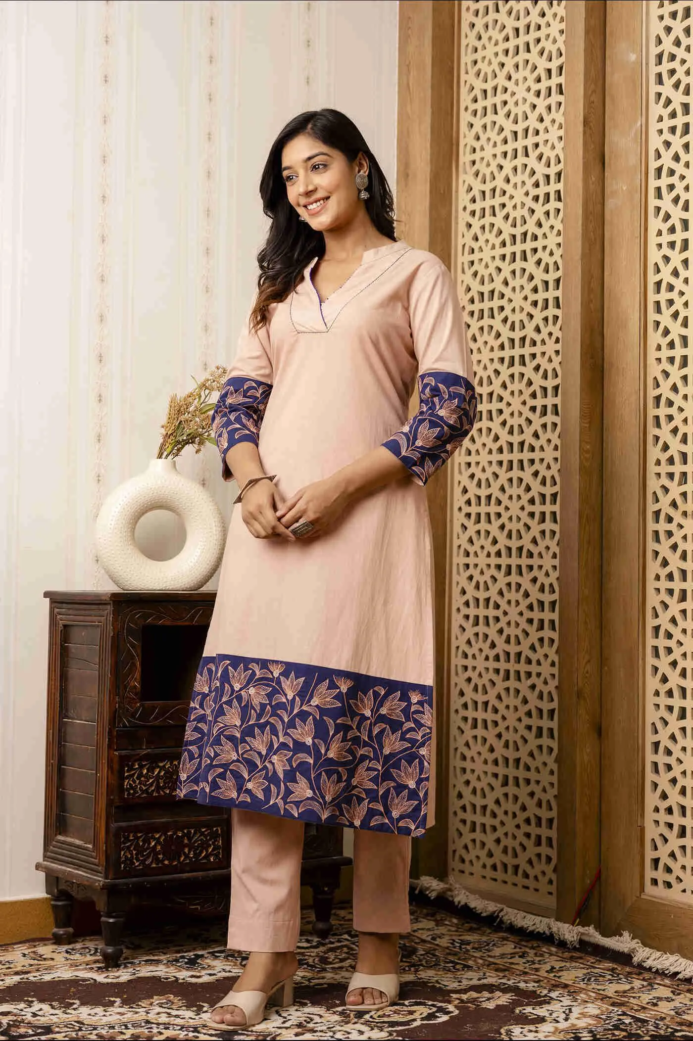 Elegant Beige and Navy Blue Printed Kurti with Pant