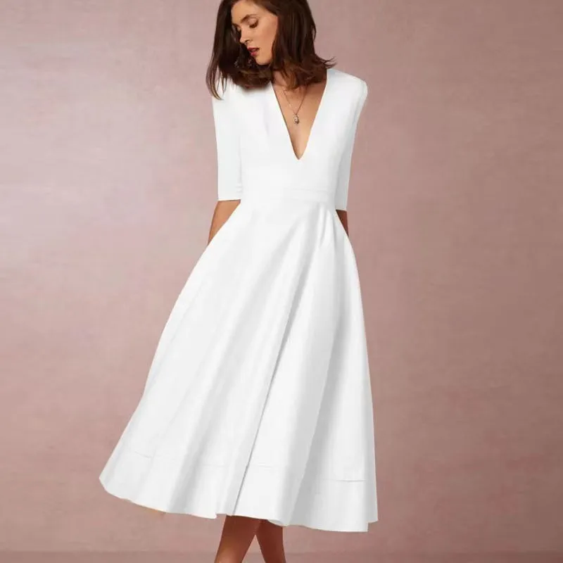 Elegant solid color v-neck midi dress