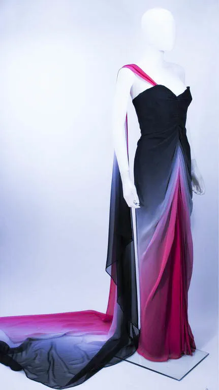 ELIZABETH MASON COUTURE 'Siren' Black to Pink Ombre Drape Gown