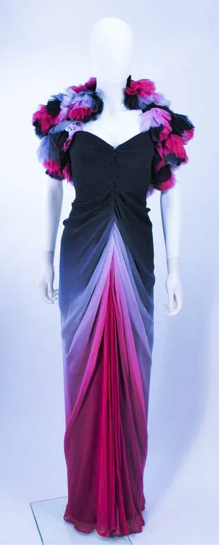 ELIZABETH MASON COUTURE 'Siren' Black to Pink Ombre Drape Gown