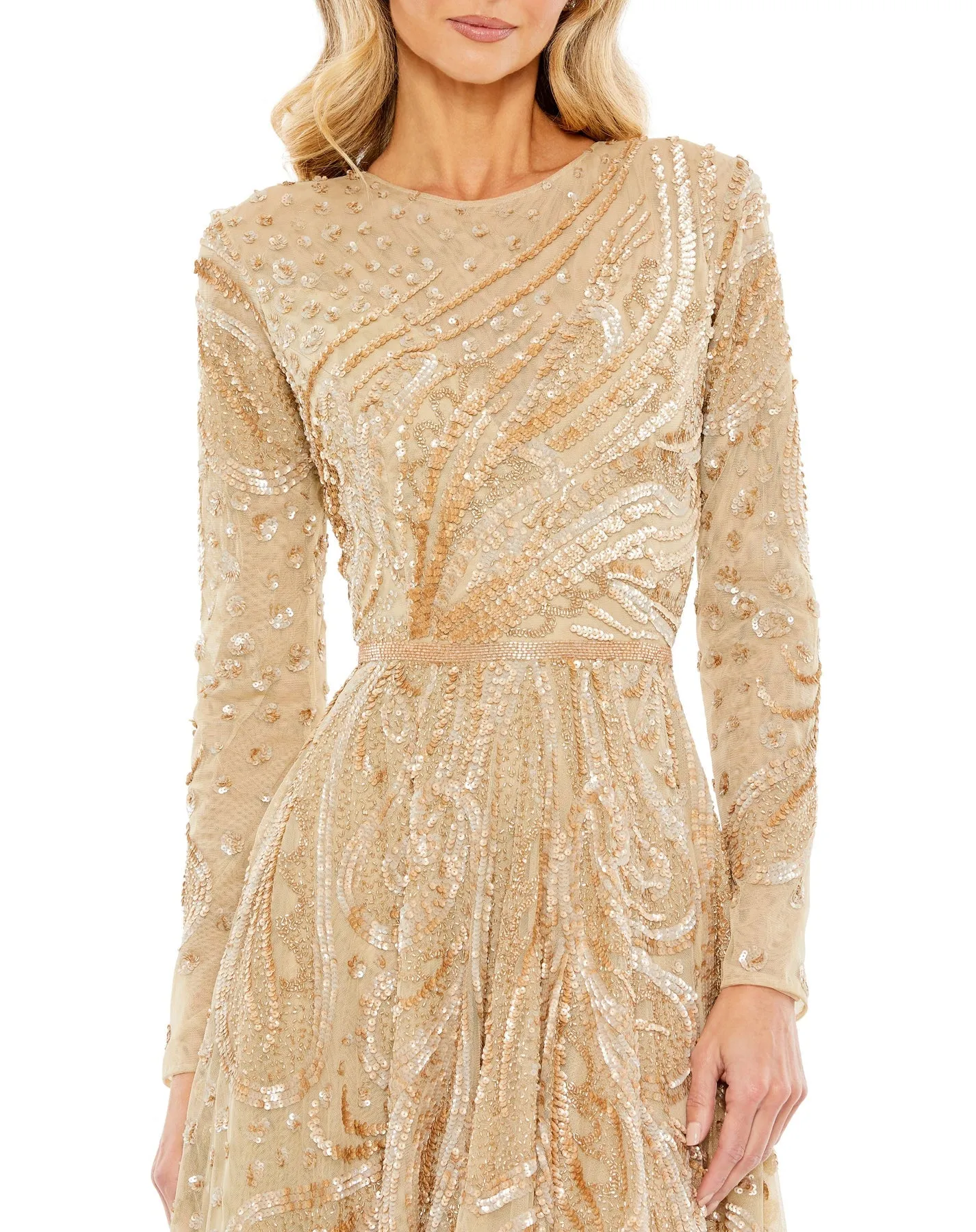 Embellished Illusion High Neck Long Sleeve Dress