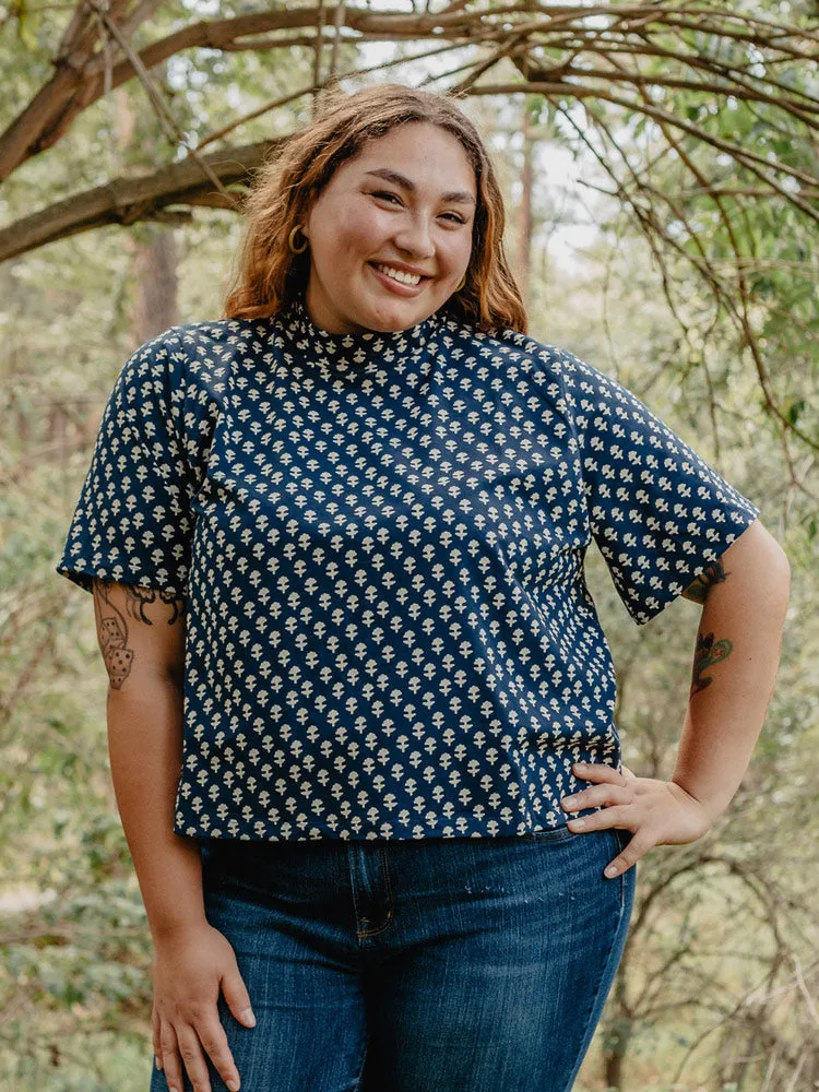 Eve Plus Size Top - Micro Floral Navy