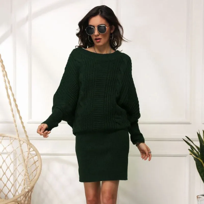 Feminine Crew Neck Drop Shoulder Fisherman Cable Knit Sweater Dress