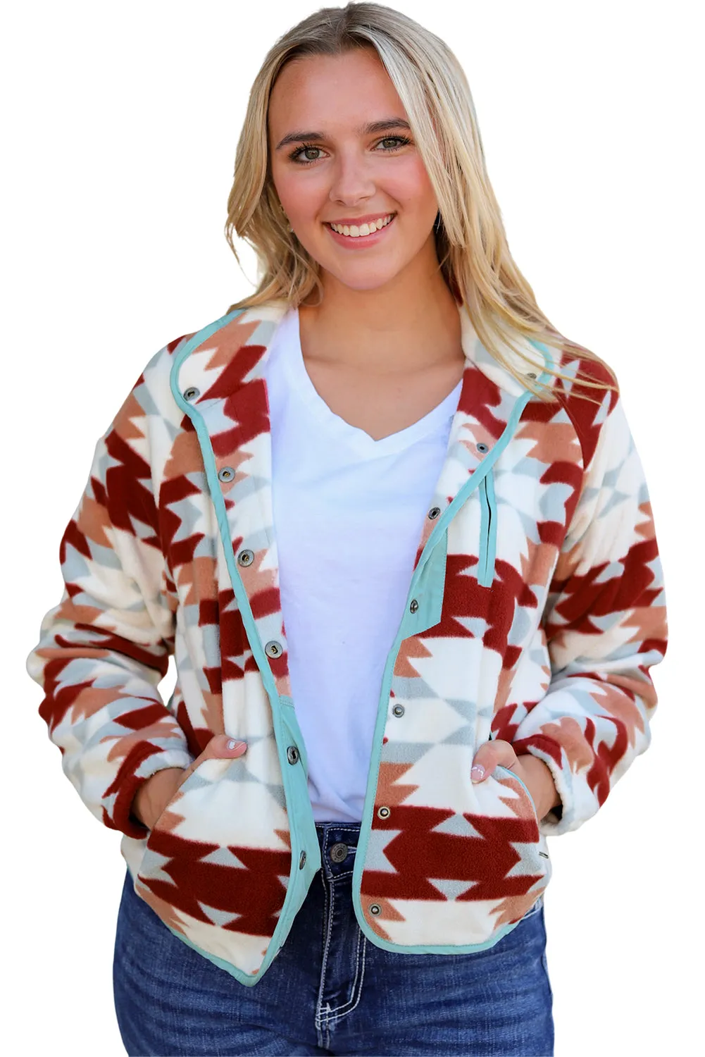 Fiery Red Western Aztec Buttoned Zipper Pockets Fleece Jacket