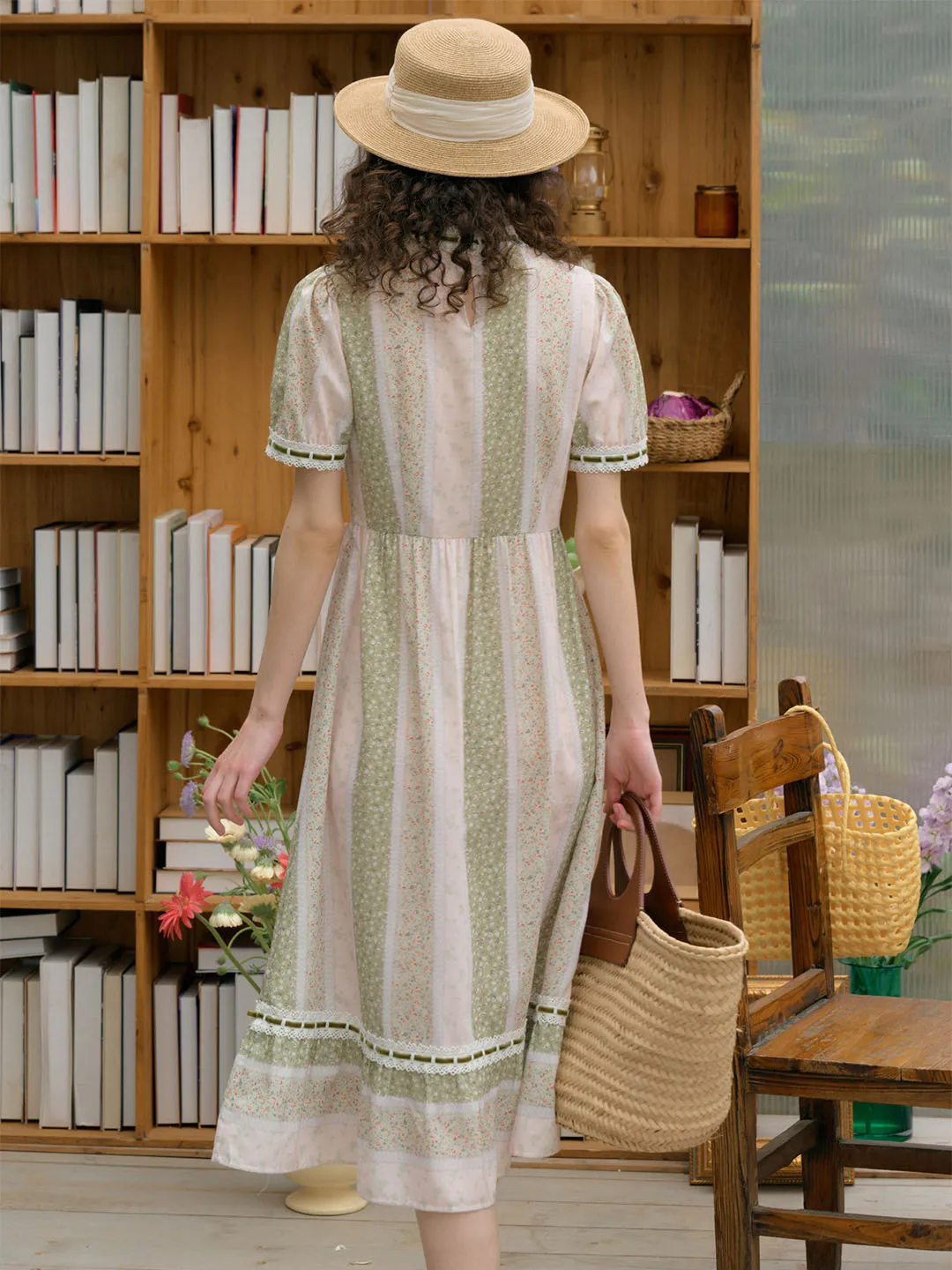 【Final Sale】Allie Mock Neck Trim Lace Floral Print Contrast Patchwork Dress