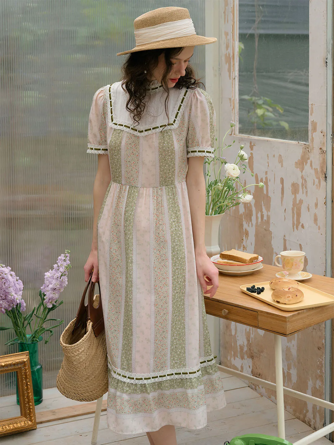 【Final Sale】Allie Mock Neck Trim Lace Floral Print Contrast Patchwork Dress