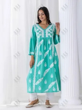 Fizaa Chikankari Kurta in Cotton V Neck Sea Green