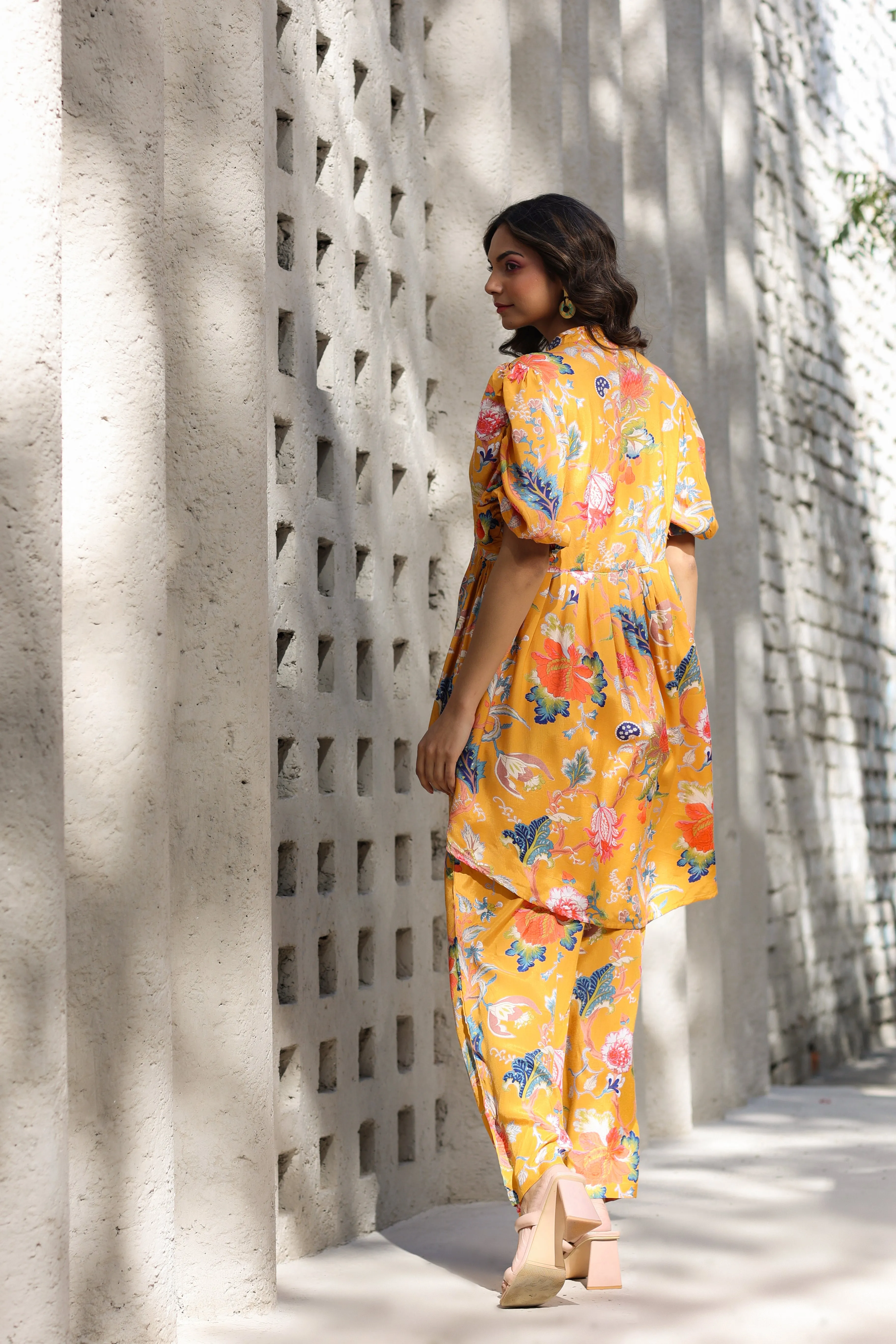 Floral Jaal on a Mustard Silk Peplum Co ord Set