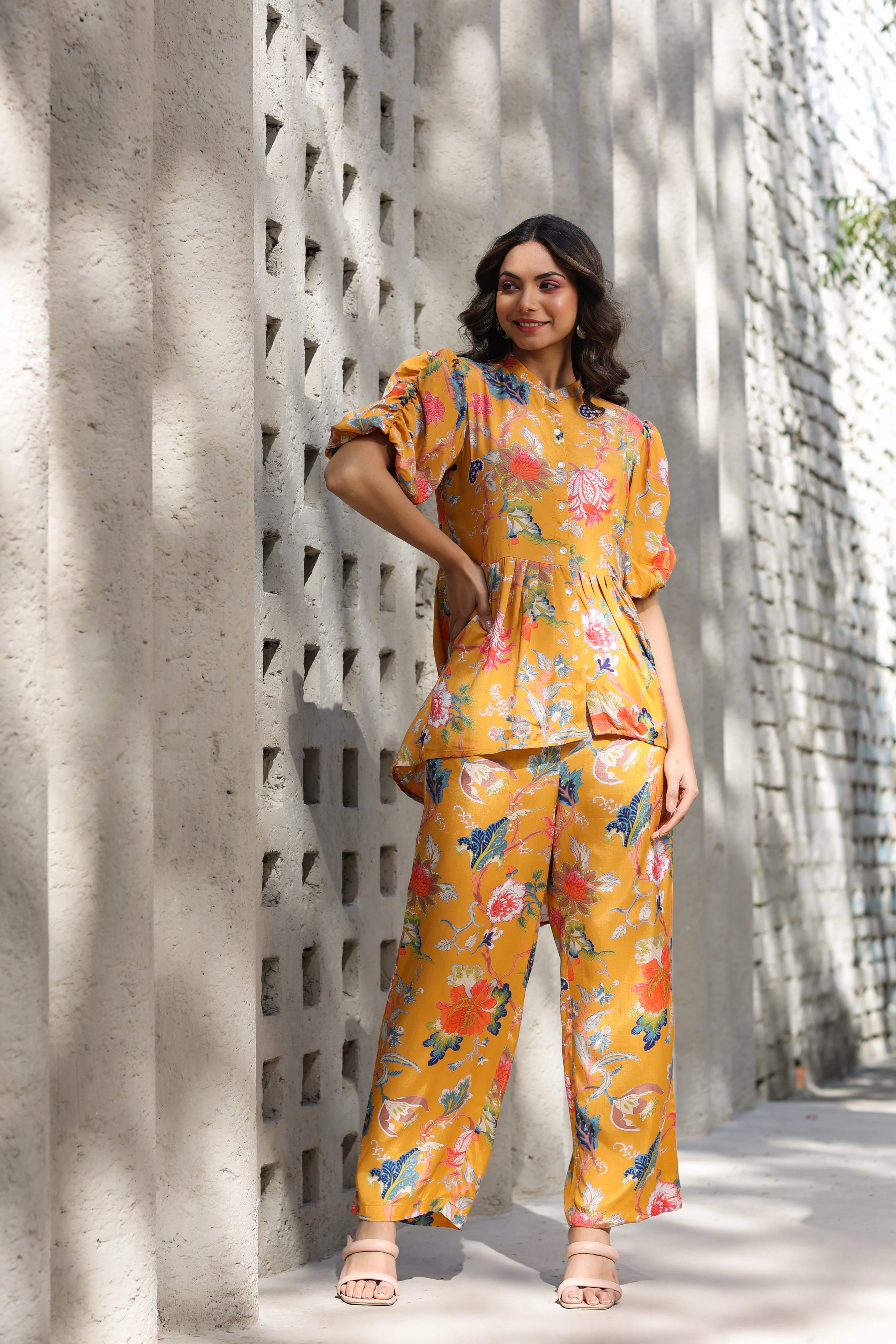 Floral Jaal on a Mustard Silk Peplum Co ord Set