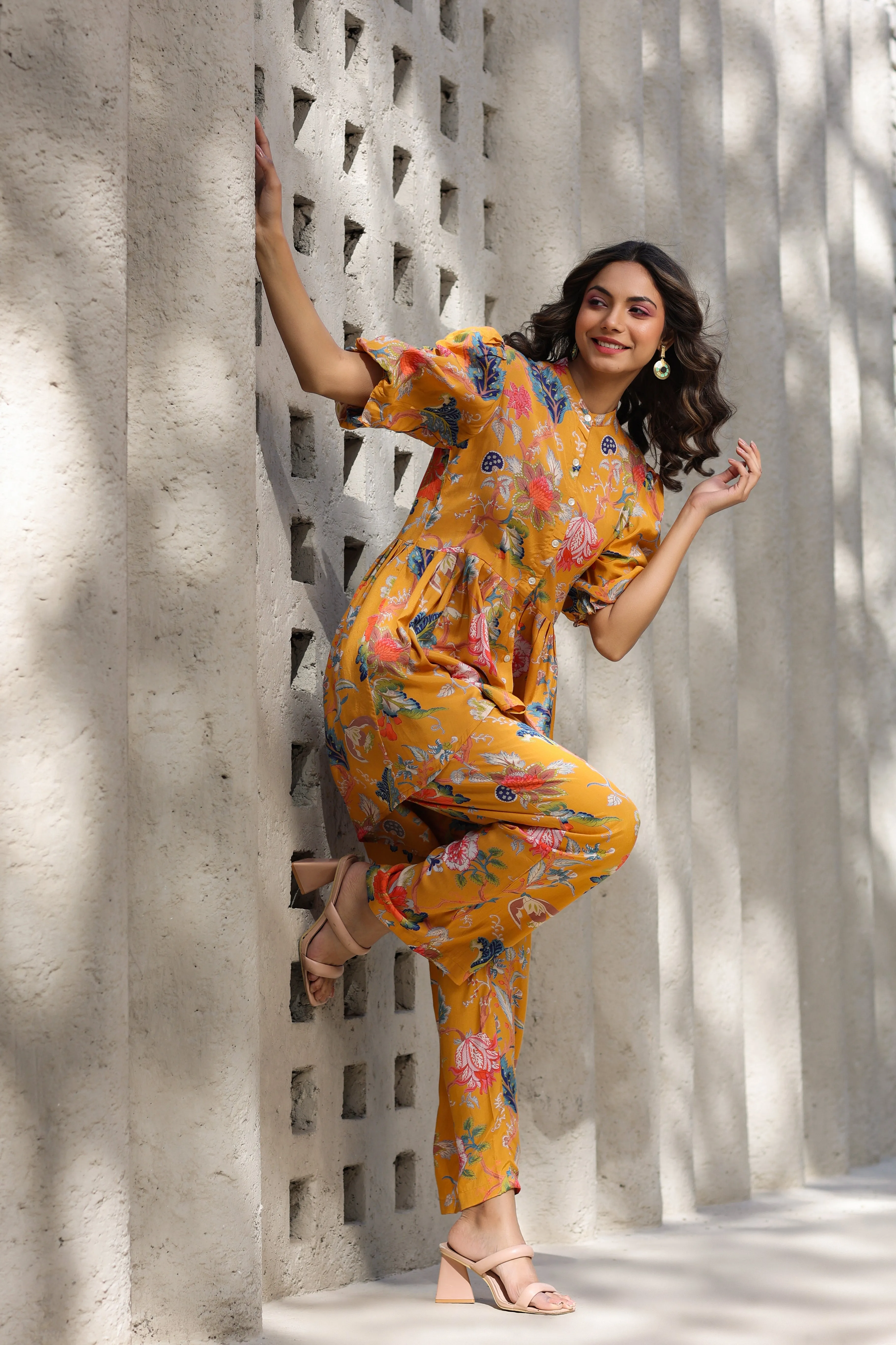 Floral Jaal on a Mustard Silk Peplum Co ord Set