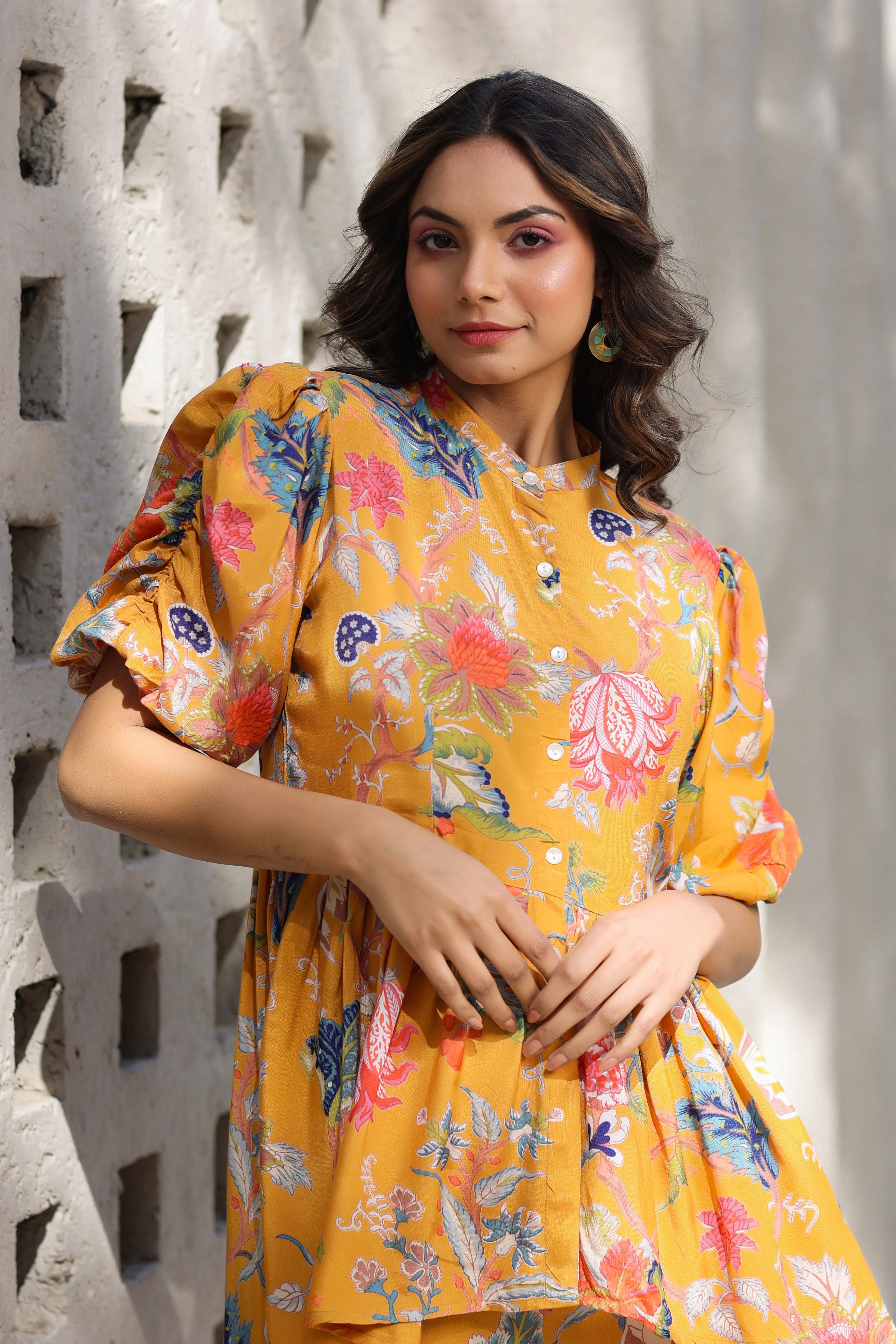 Floral Jaal on a Mustard Silk Peplum Co ord Set