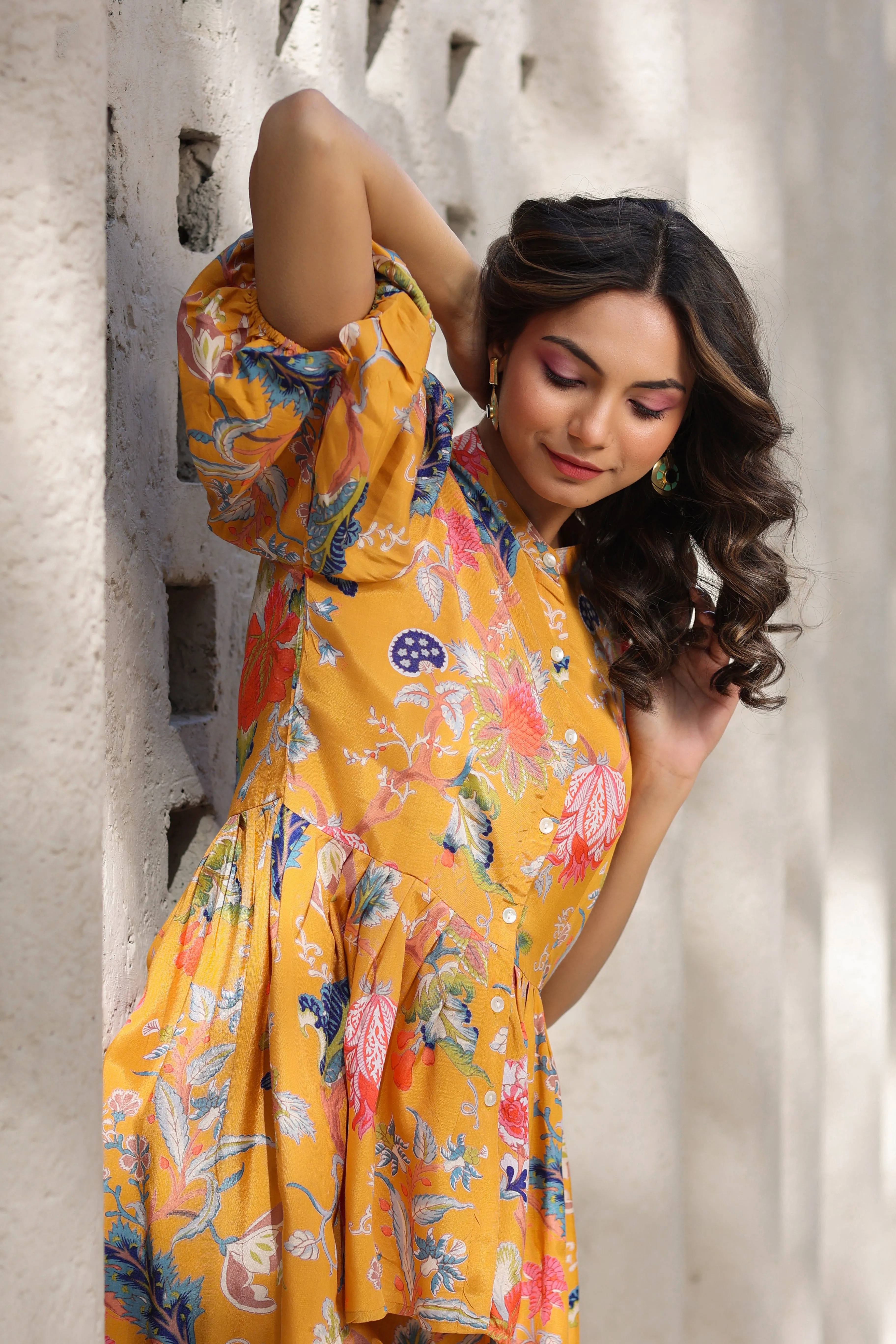 Floral Jaal on a Mustard Silk Peplum Co ord Set