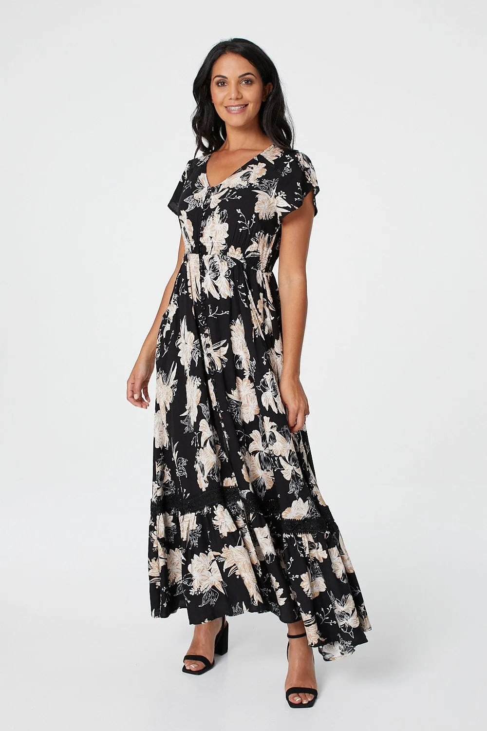 Floral Short Sleeve Tiered Maxi Dress