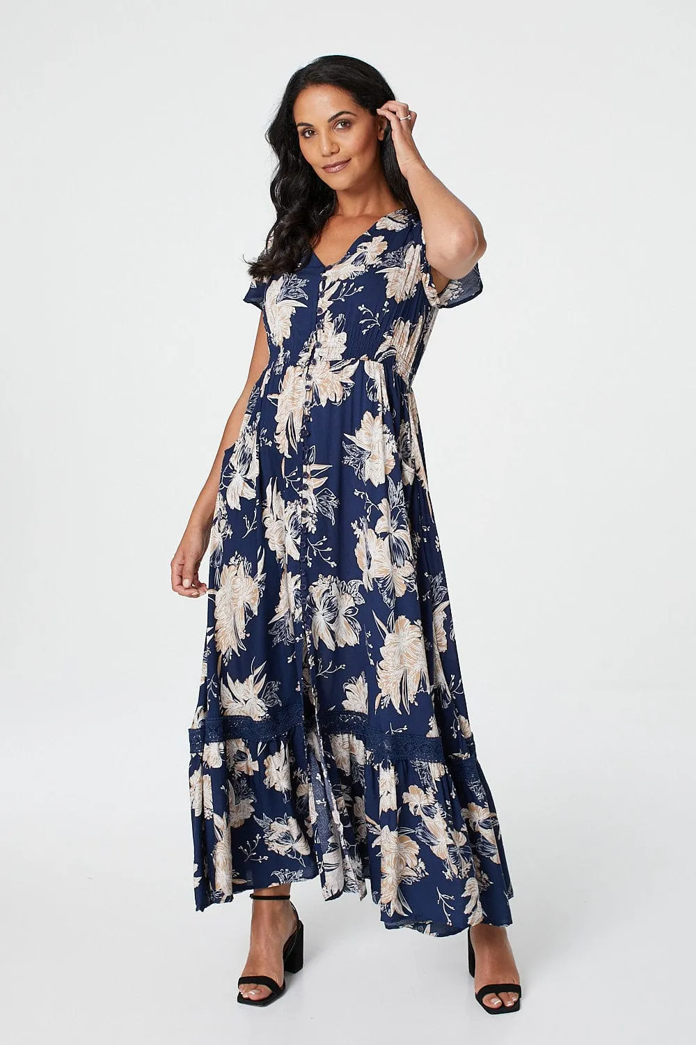 Floral Short Sleeve Tiered Maxi Dress