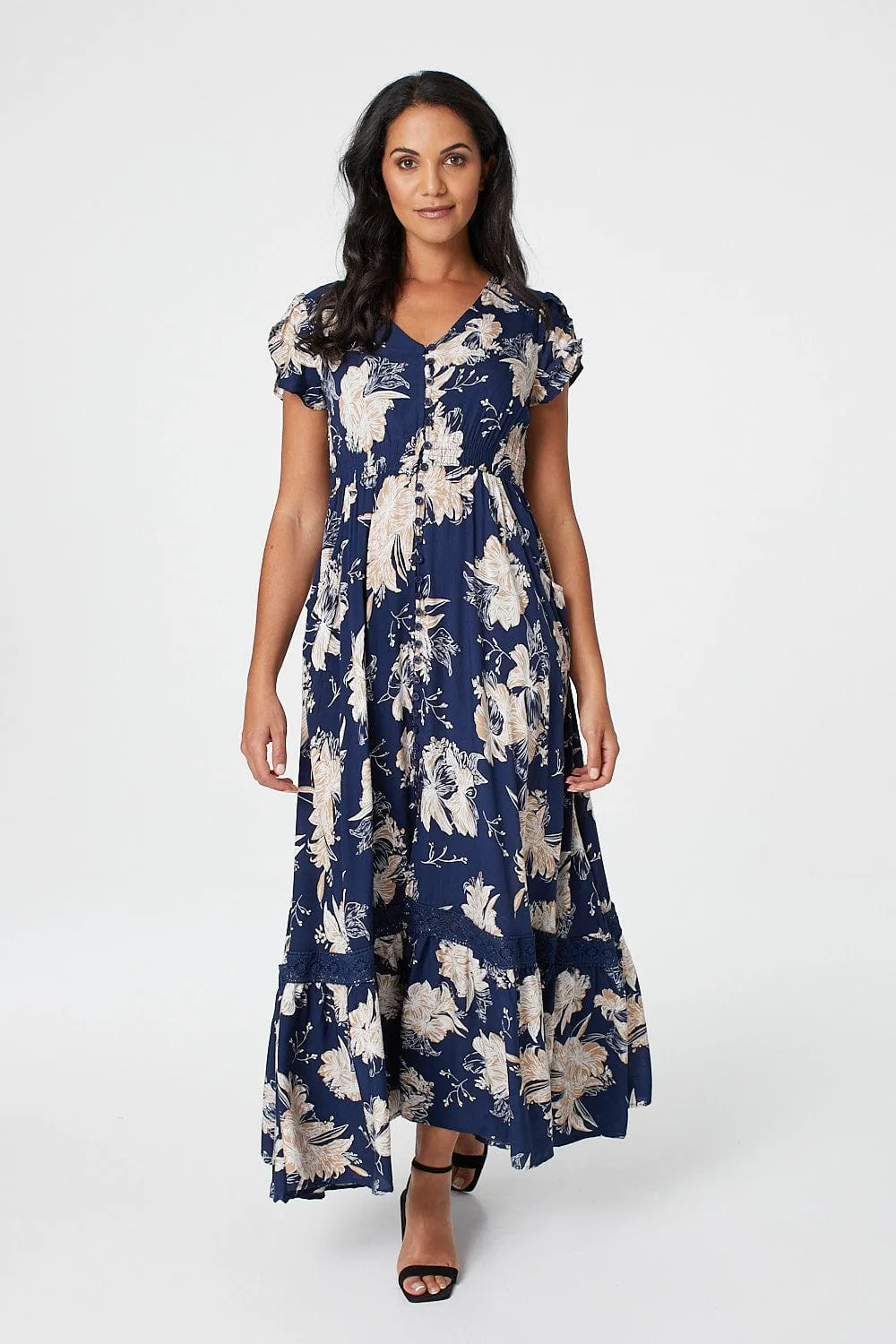 Floral Short Sleeve Tiered Maxi Dress