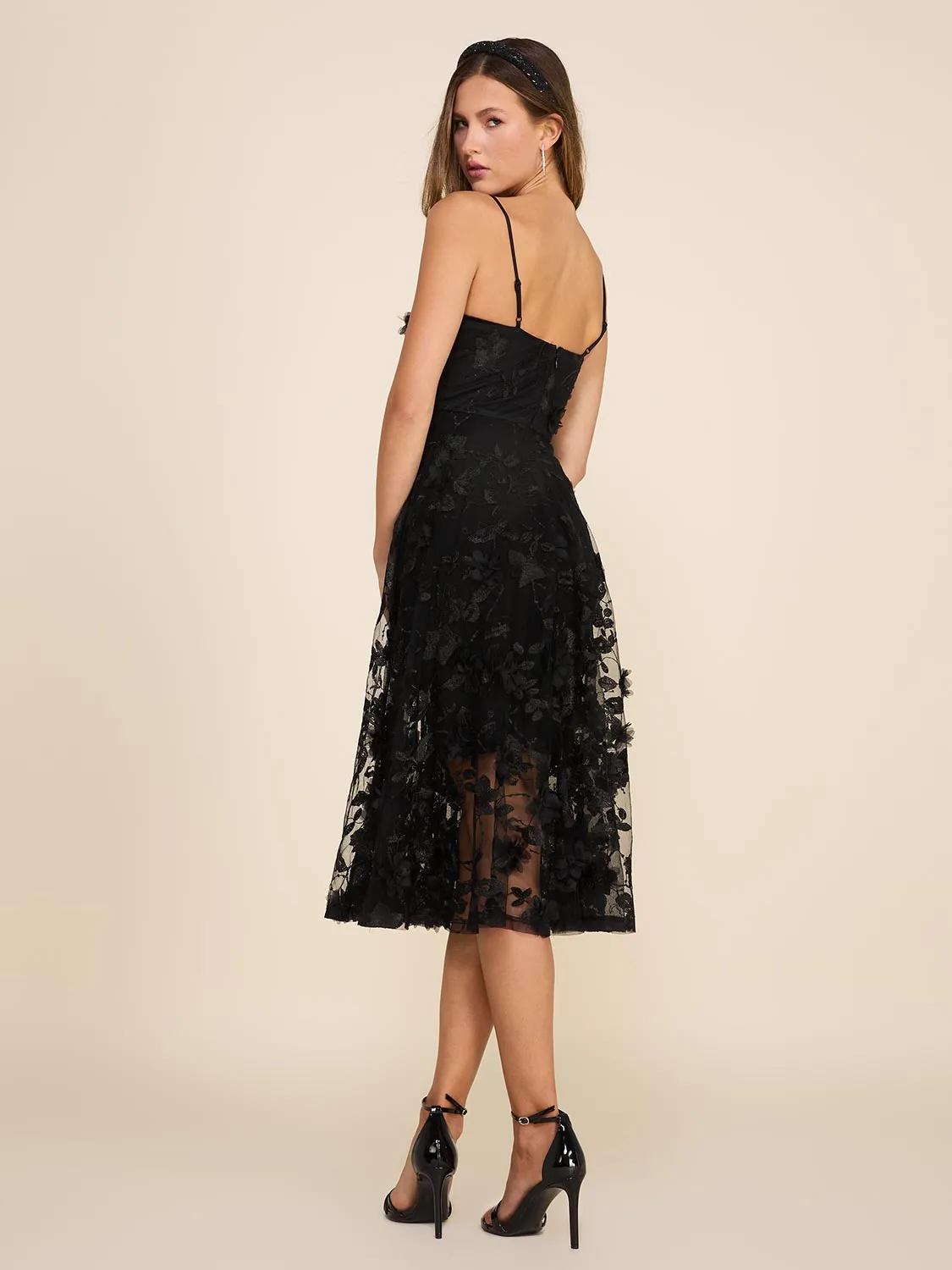 Flower Applique On Mesh Fit & Flare Midi Cocktail Dress