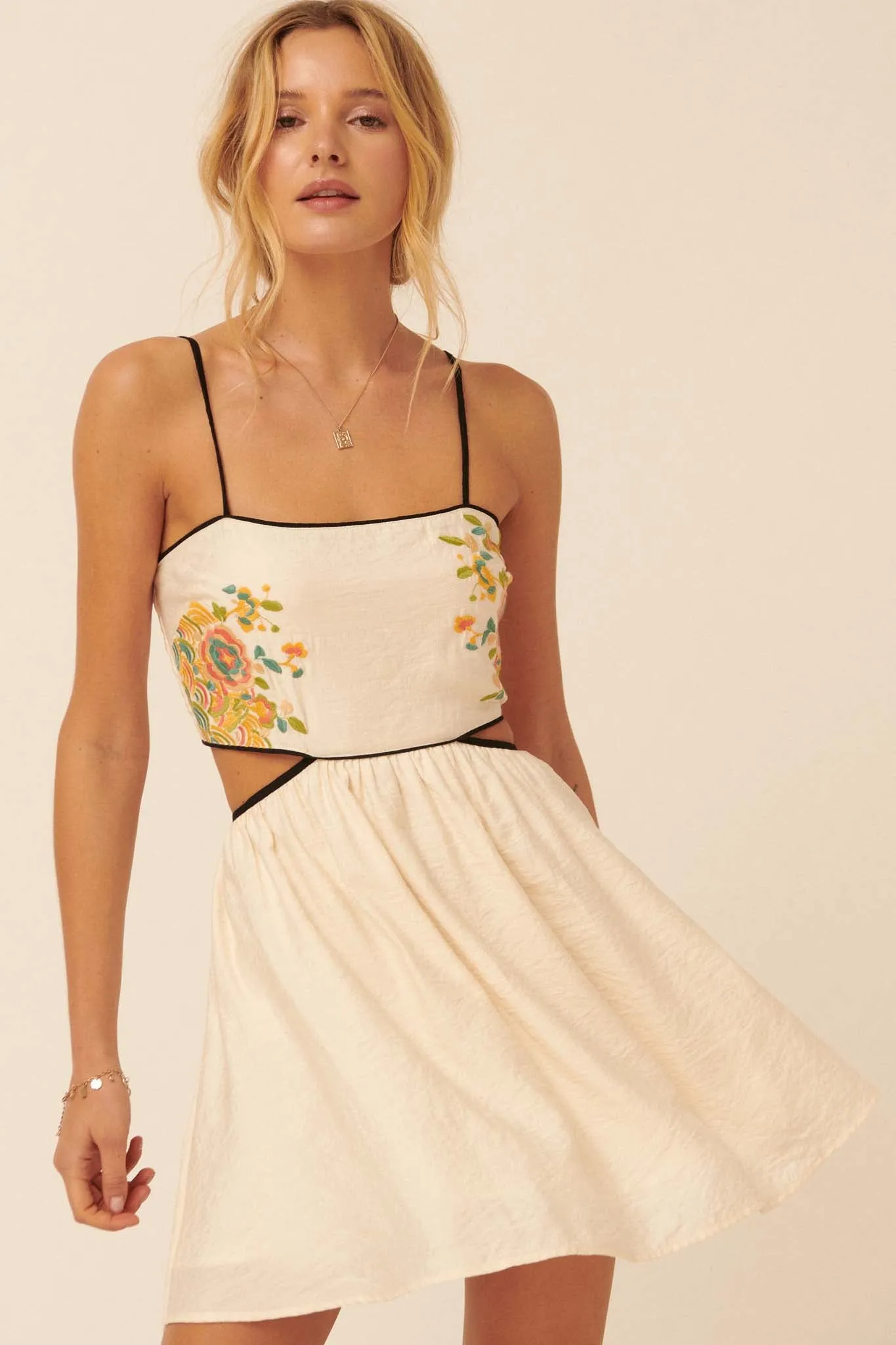 Full Flower Embroidered Cutout Mini Sundress