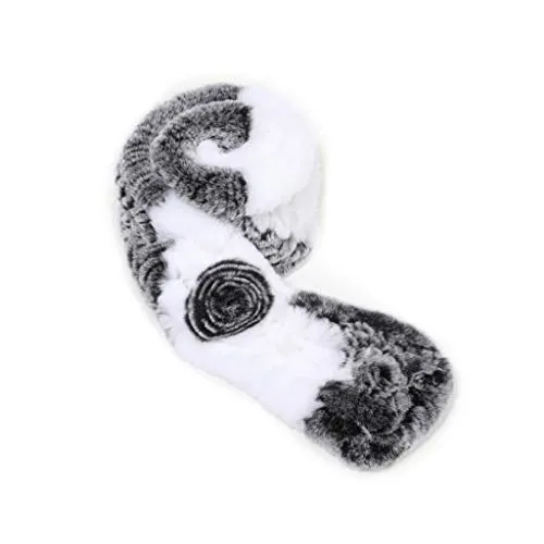 Fur Story Women's Rex Rabbit Fur Scarf Ladies Winter Warm Knitted Flowers Crochet Fashion Scarf Scarves for Women Men(FS19503A-Gray White)