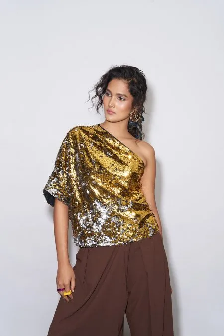 Gold & Silver Sequin One Shoulder Top