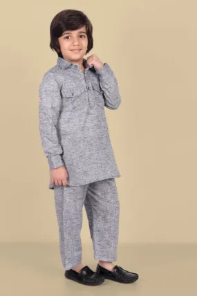 Gray Textured Soft Cotton Pathani Kurta and Shalwar