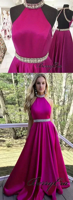 Halter Long A-line Hot Pink Satin Beaded Prom Dresses, Popular Prom Dresses