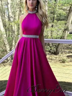 Halter Long A-line Hot Pink Satin Beaded Prom Dresses, Popular Prom Dresses