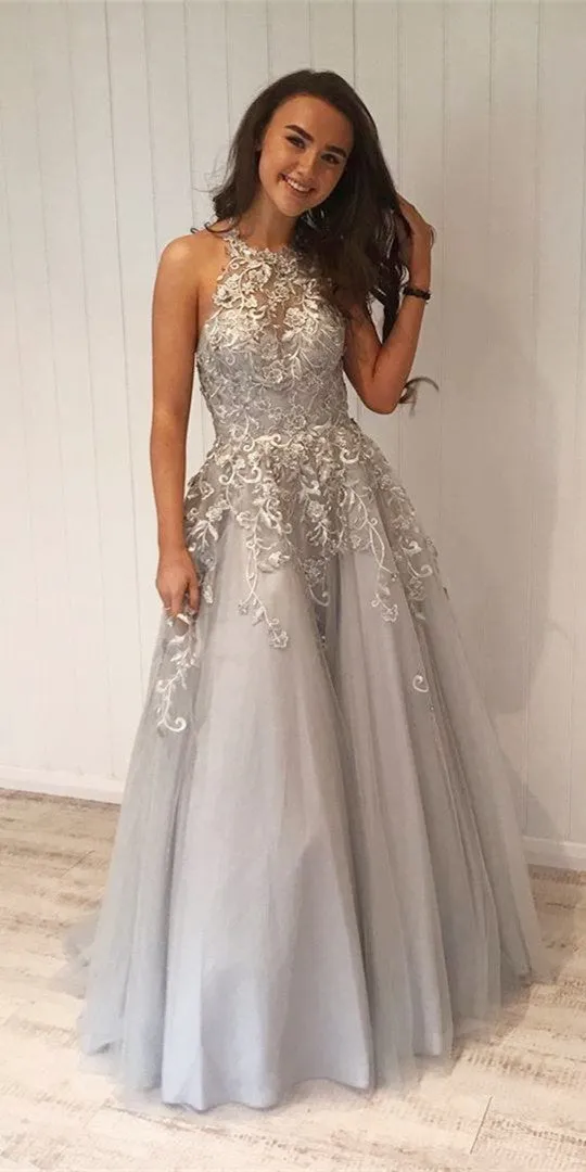 Halter Long A-line Lace Tulle Prom Dresses, 2021 Prom Dresses, Long Prom Dresses, 2021 Prom Dresses