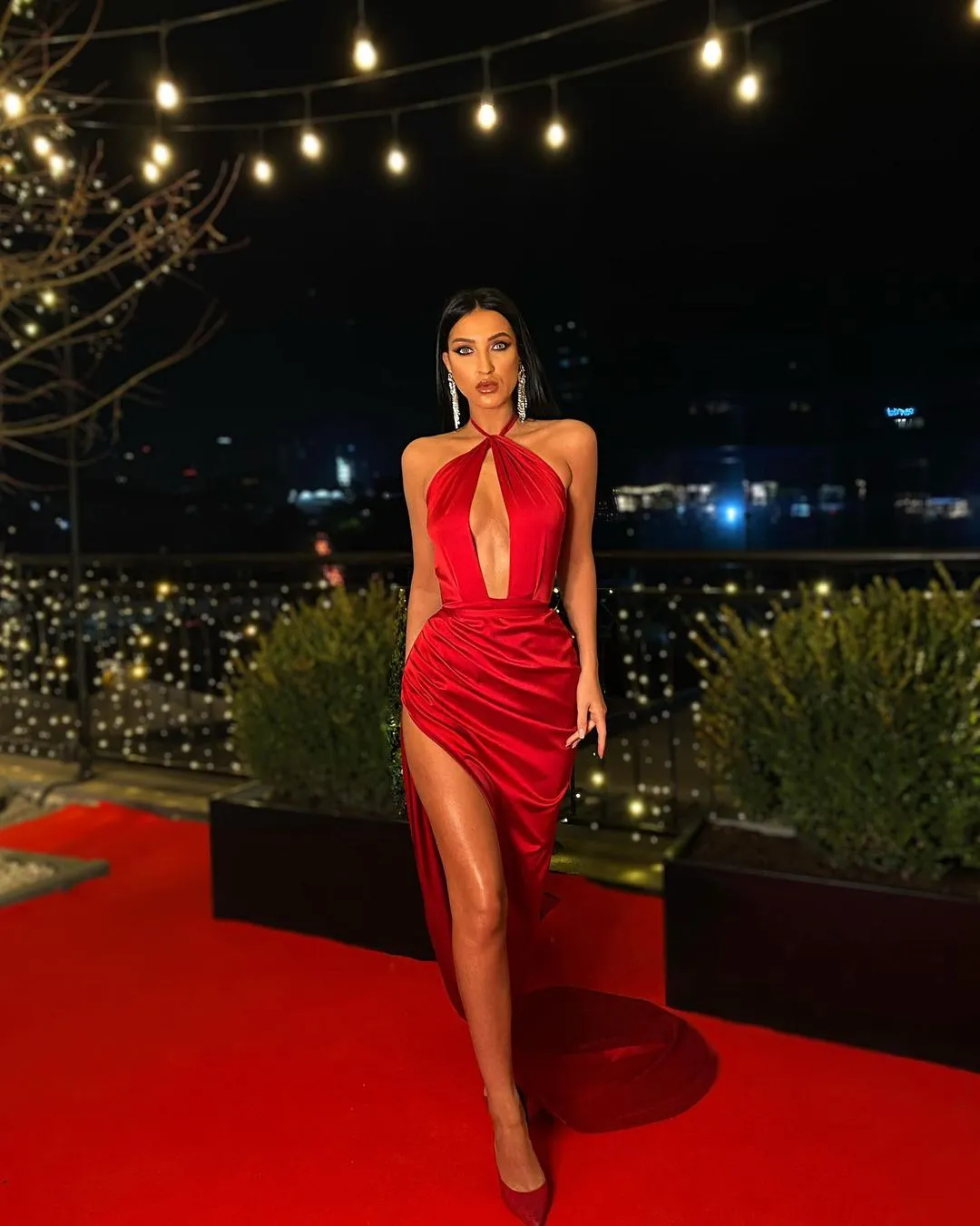 Halter Long Sexy Red Satin Mermaid Prom Dresses, High Slit 2021 Prom Dresses, Popular Prom Dresses