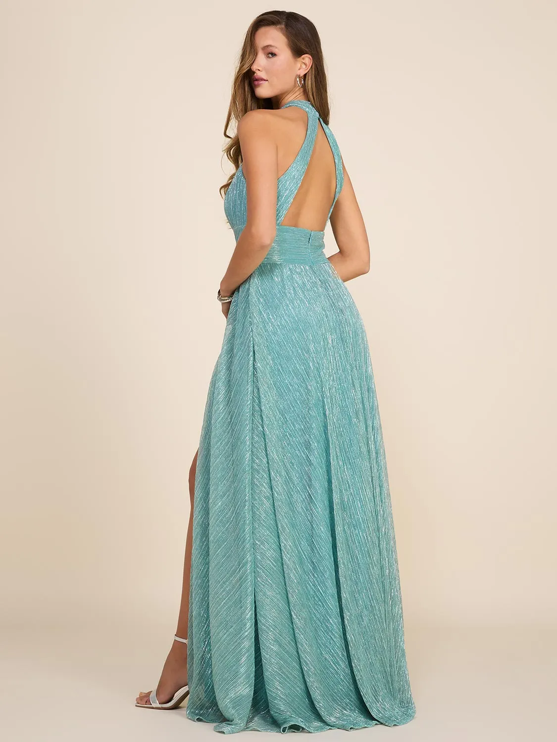 Halter Neck Metallic Crinkle Knit Gown With Open Back