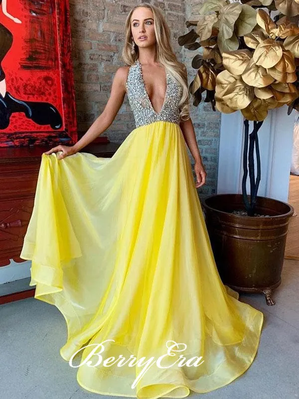 Halter Sexy V-neck Beaded Organza Prom Dresses, Yellow Prom Dresses, Prom Dresses