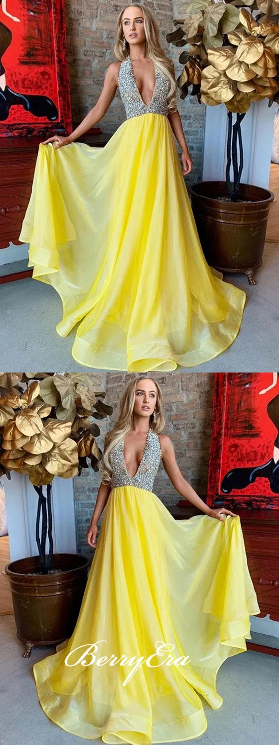 Halter Sexy V-neck Beaded Organza Prom Dresses, Yellow Prom Dresses, Prom Dresses