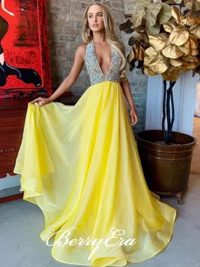 Halter Sexy V-neck Beaded Organza Prom Dresses, Yellow Prom Dresses, Prom Dresses