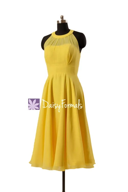 Halterneck Bridesmaid Dress Tea Length Maize Yellow Chiffon Party Dress Formal Dress(CST1004A)