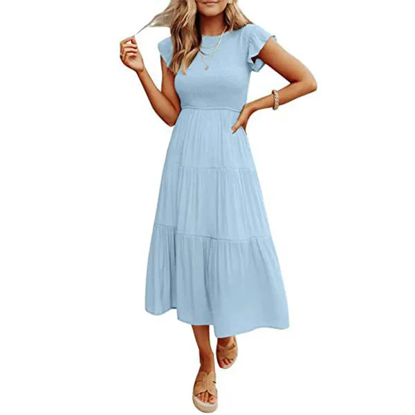 Holiday Style High Waist Dresses Summer Ruffled Sleeve A-line Beach Dress