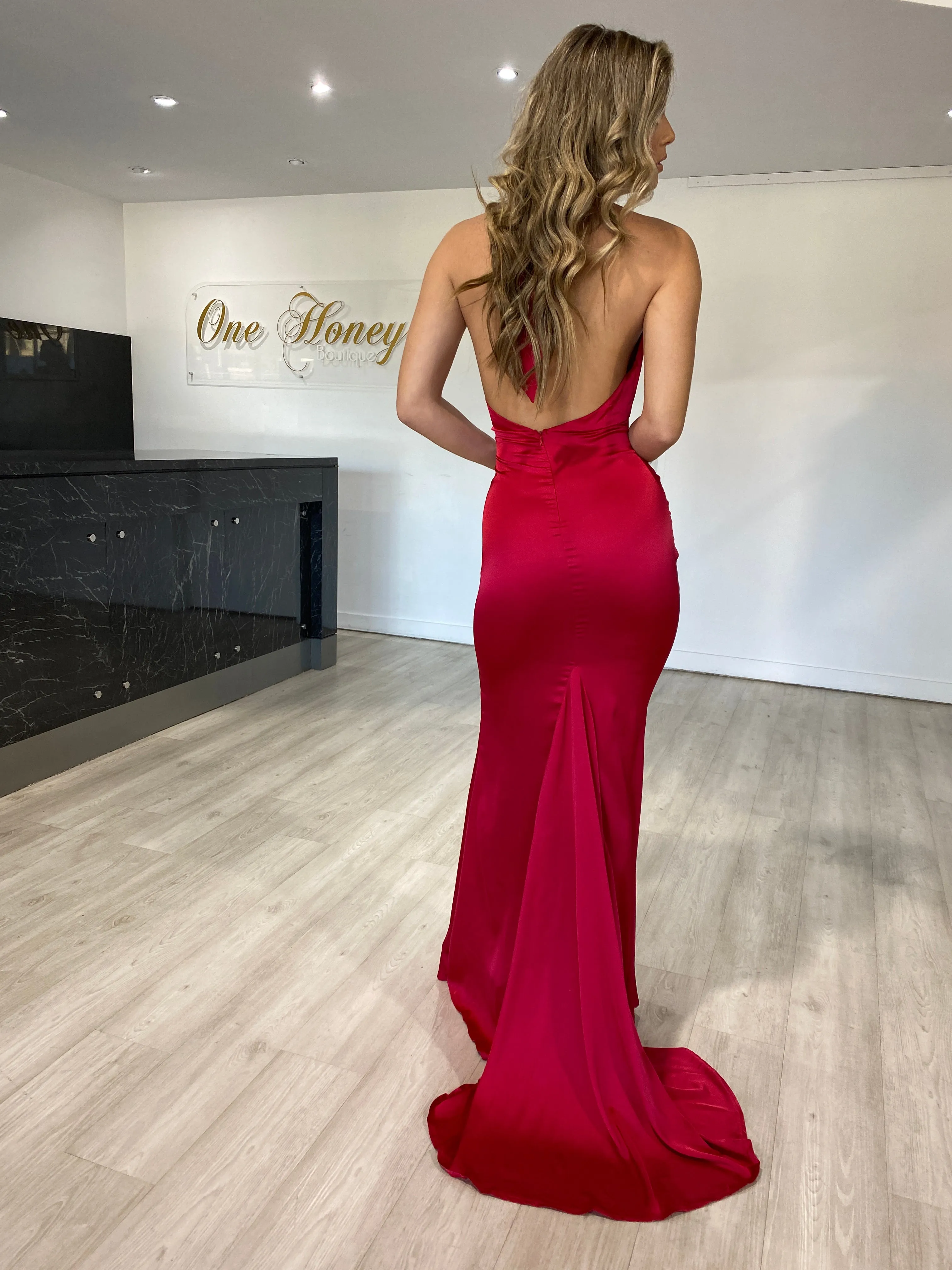 Honey Couture JODIE Red Halter Satin Mermaid Evening Gown Dress