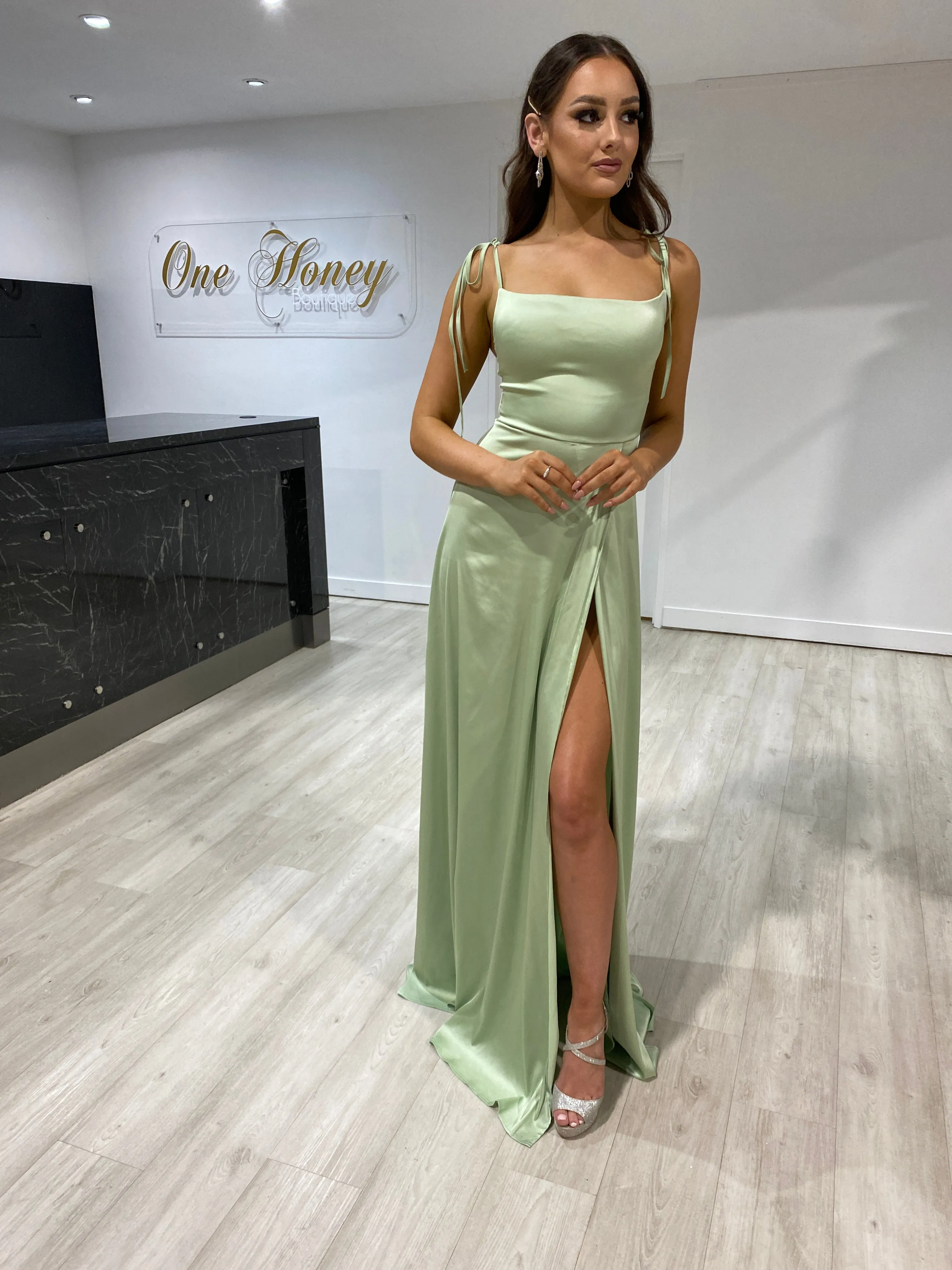 Honey Couture XENIA Sage Green Tie Up Formal Bridesmaid Dress