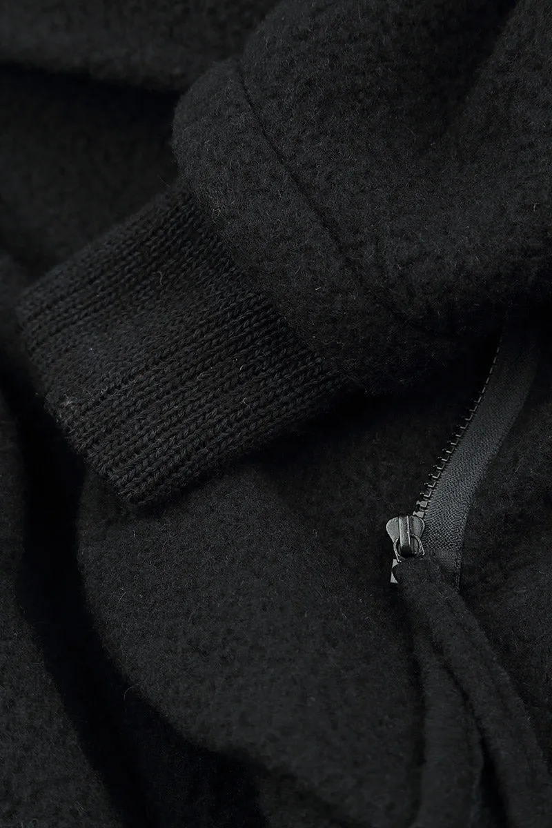 Hooded Black Plush Wool Cotton Zip Jacket