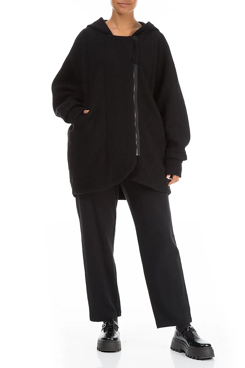 Hooded Black Plush Wool Cotton Zip Jacket